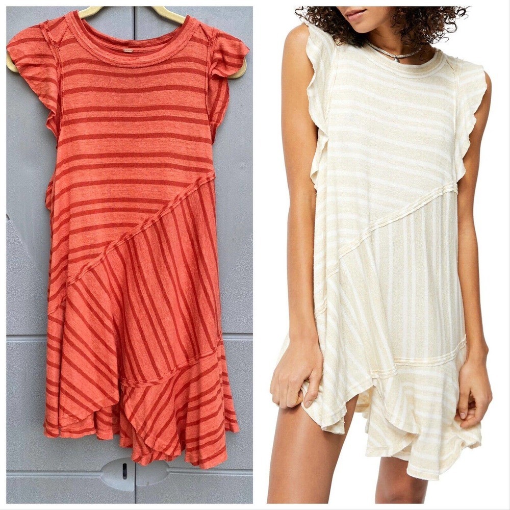 Free People Between The Lines Tunic Top Size Small Orange Linen Blend S